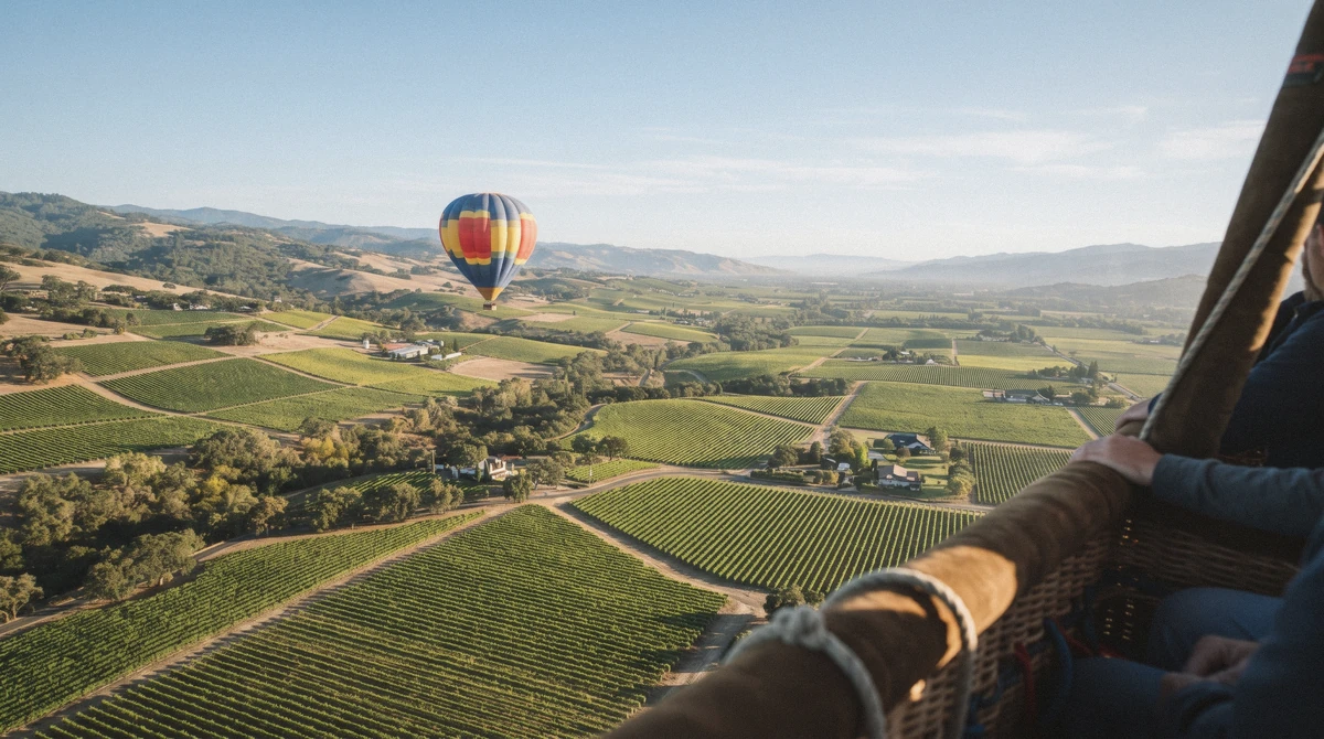 The view down from a hot air balloon over sunlit Napa Valley vineyards