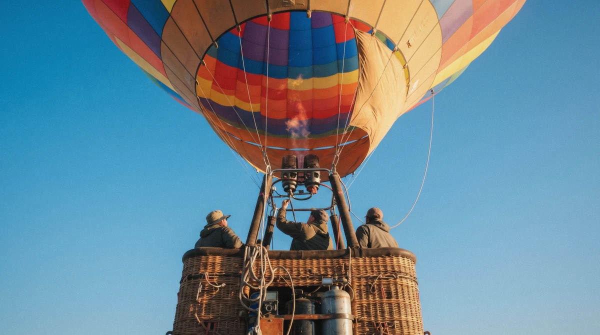 A colorful hot air balloon envelope above its wicker basket on a bright Napa Valley morning