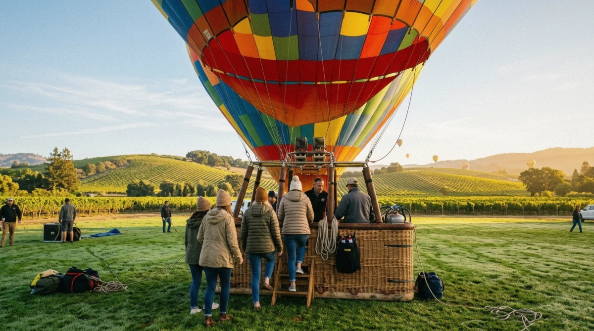 Passengers boarding an inflated hot air balloon at sunrise in Yountville on a hot air balloon ride in Napa Valley, California