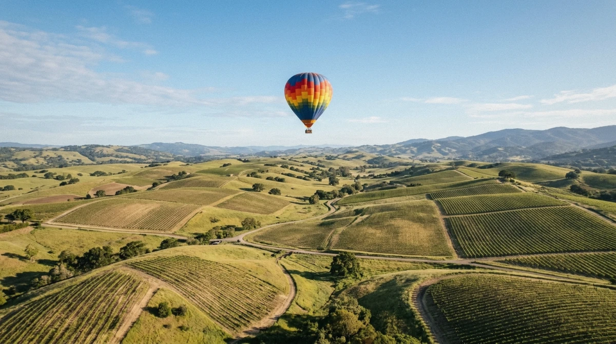 A hot air balloon crossing the Carneros hills from Sonoma into Napa on a wine country hot air balloon ride in Napa Valley, California