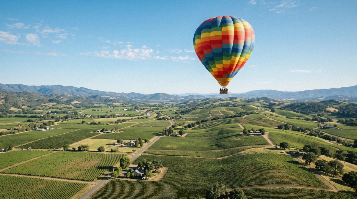 A hot air balloon high over a bright Napa Valley vineyard panorama