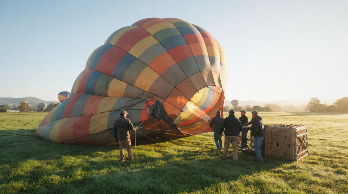 Ground crew inflating a hot air balloon in bright morning sun in Napa Valley