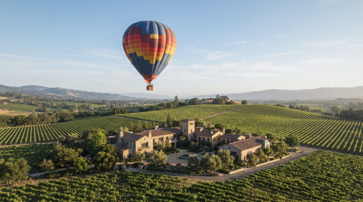 A hot air balloon drifting over a sunlit Napa Valley winery estate and vines