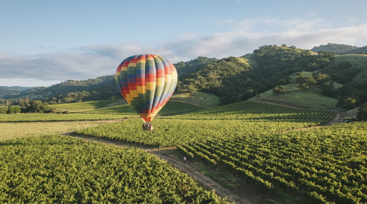 A colorful hot air balloon floating over sunlit vineyards at golden morning on a Napa Valley hot air balloon ride