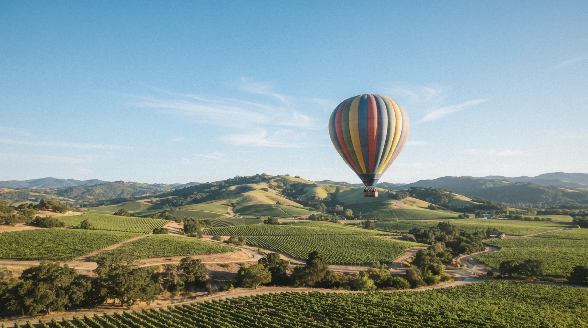 A hot air balloon drifting past green hills on a clear Napa Valley morning balloon ride