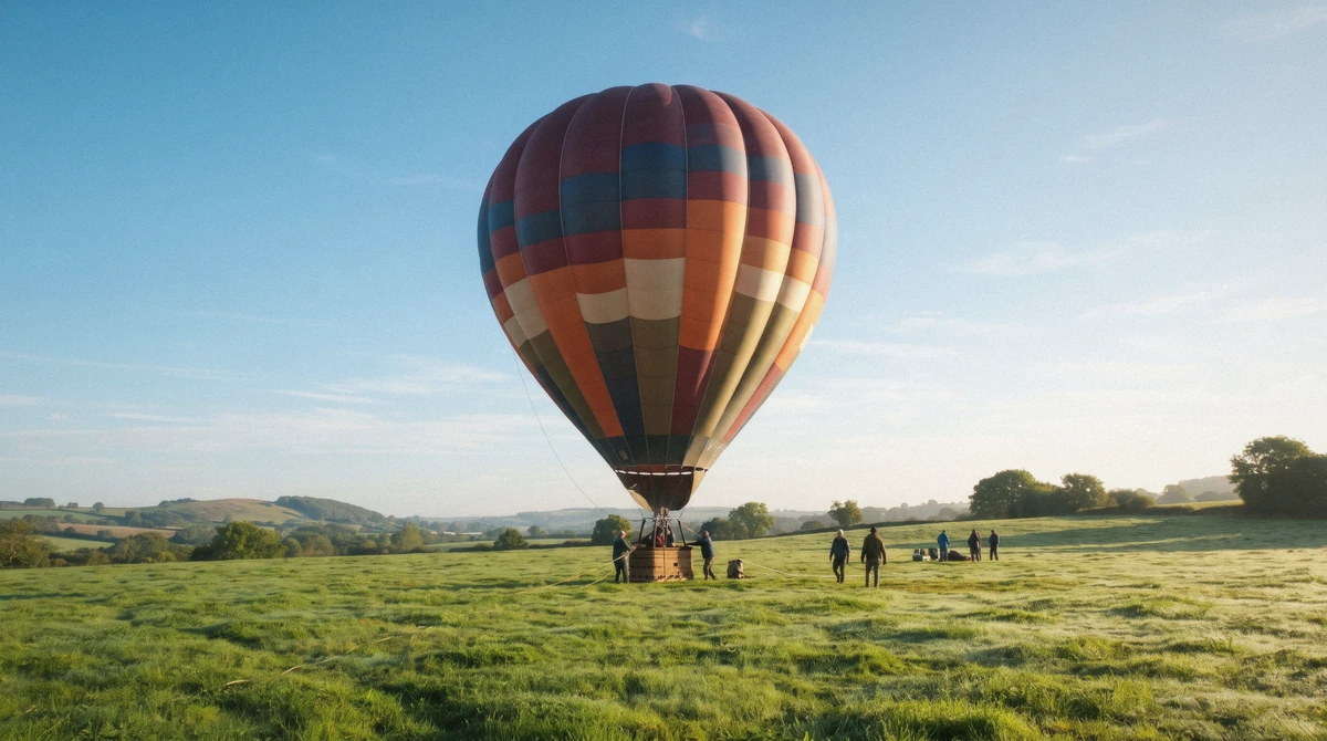 A hot air balloon inflated upright on green grass in bright Napa Valley morning sun