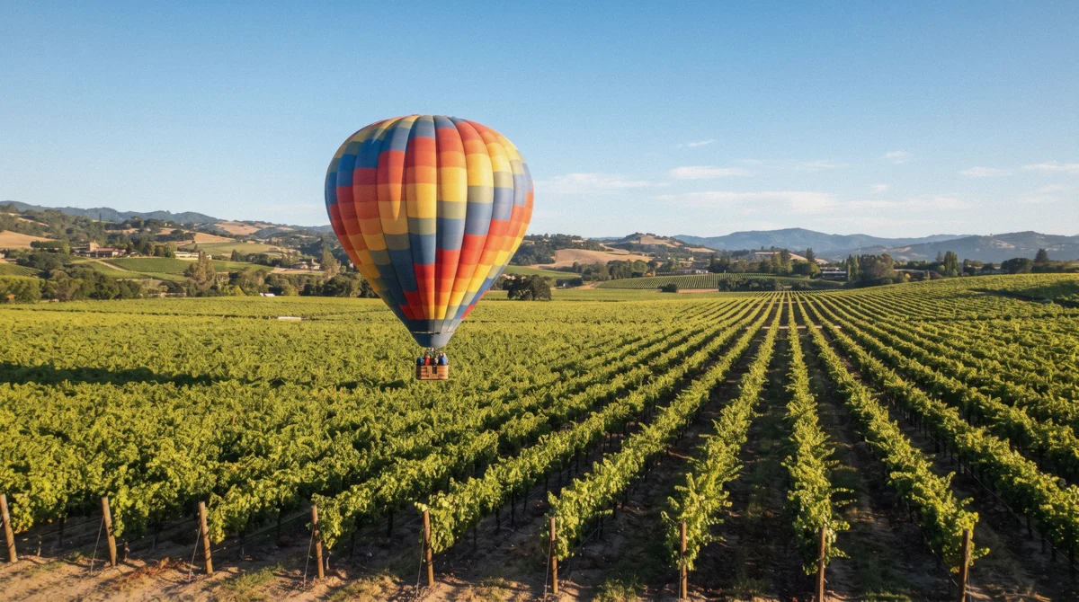 A hot air balloon just above sunlit vineyard rows on a Napa Valley balloon ride