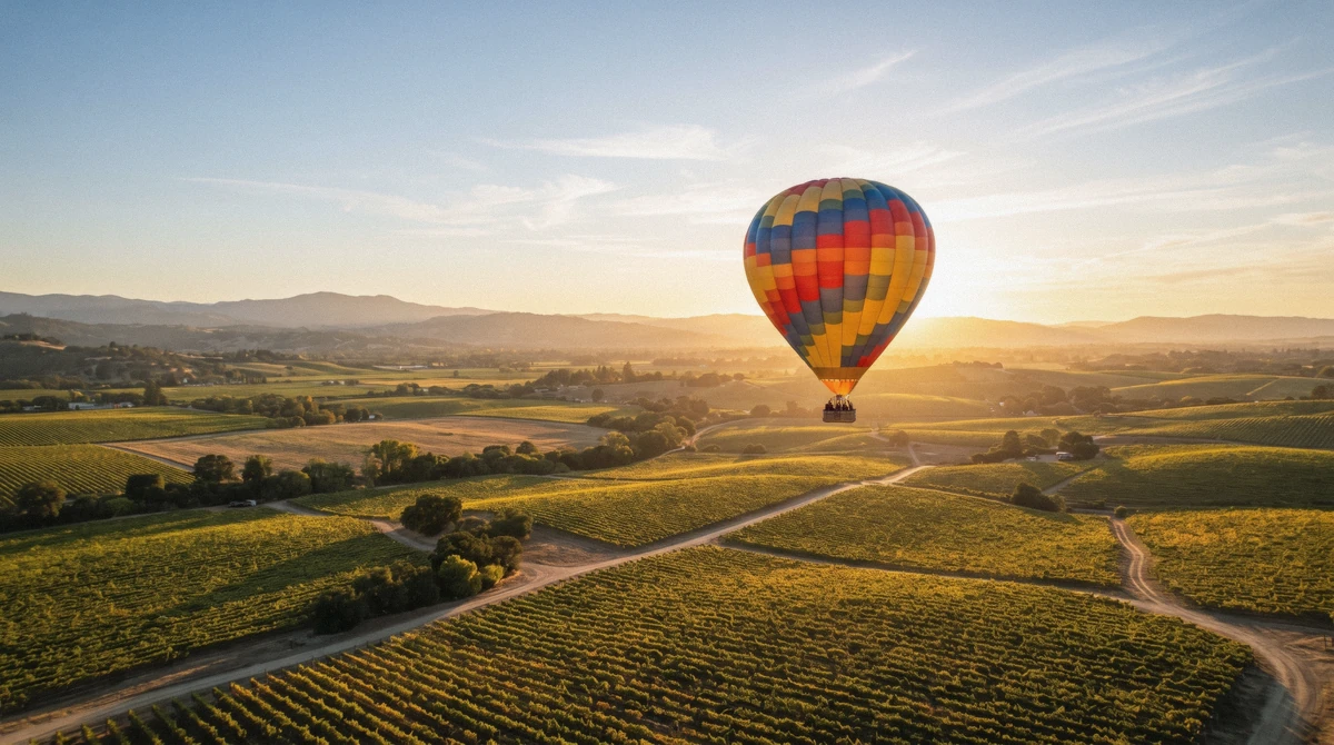 A hot air balloon glowing in warm sunrise light over Napa Valley vineyards