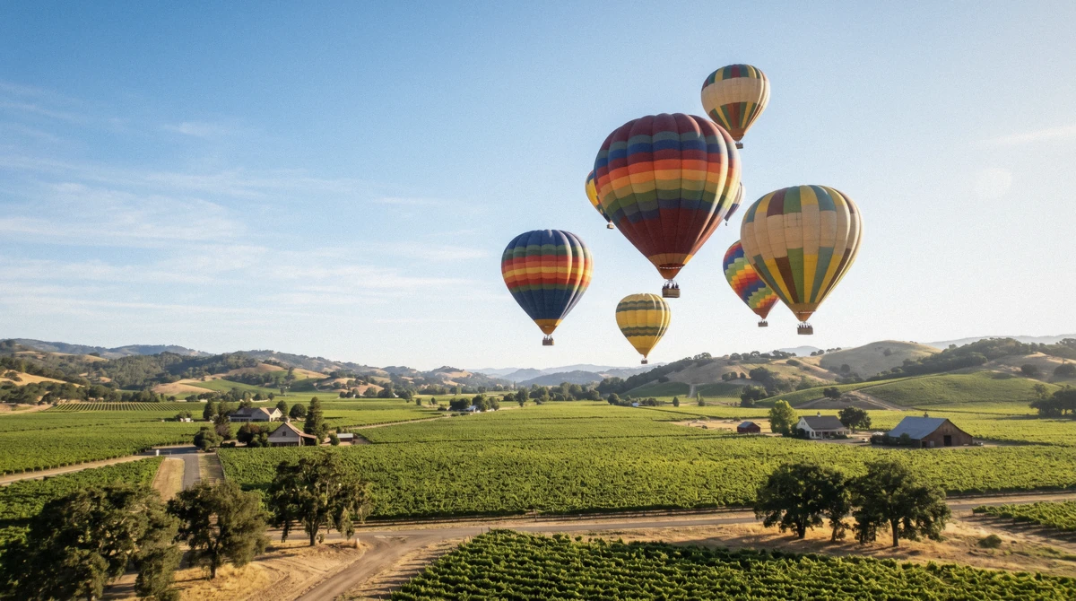 Several colorful hot air balloons rising in a bright blue sky over Napa Valley