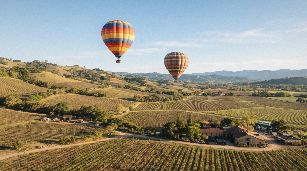 Colorful hot air balloons over sunlit vineyards and winery rooftops in Napa Valley
