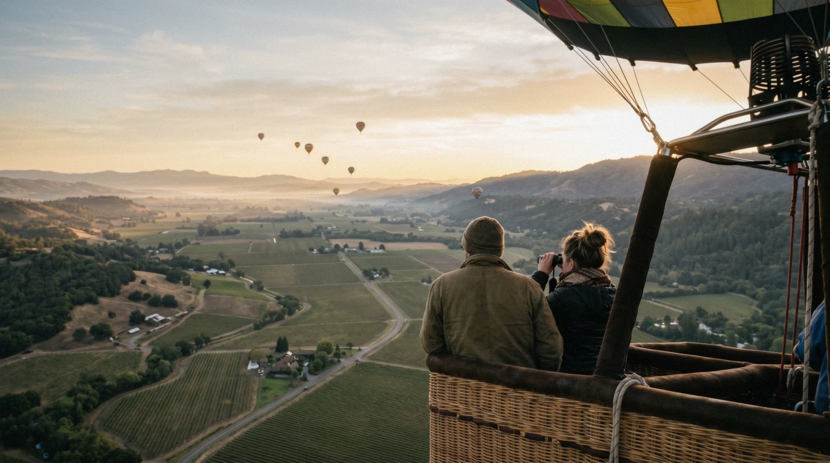 Passengers looking out from a hot air balloon basket over Napa Valley at sunrise