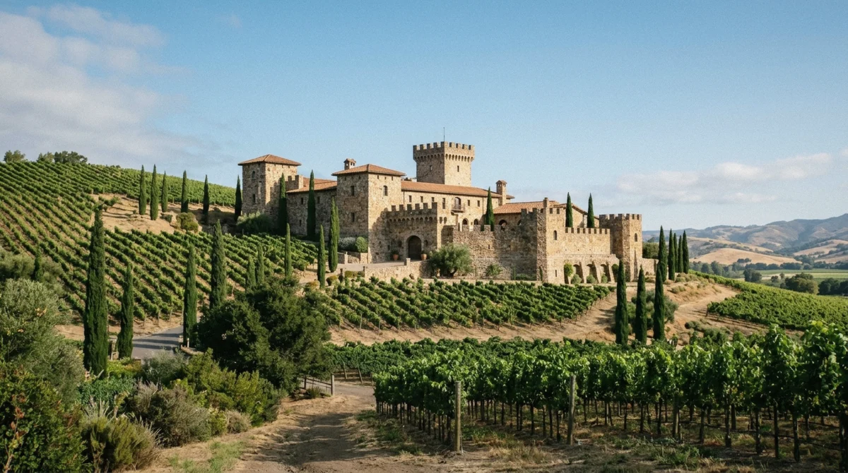 A medieval-style stone castle winery on a Napa Valley hillside — the castle stop paired with a hot air balloon ride in Napa Valley, California