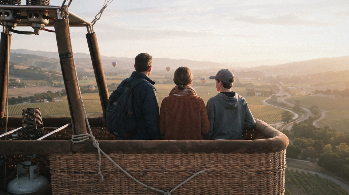 A family riding in a hot air balloon basket over Napa Valley vineyards