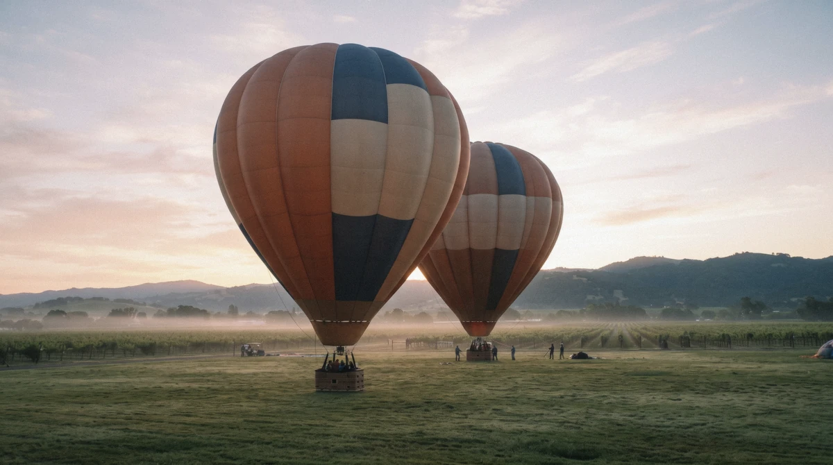 Two colorful hot air balloons ready on a Napa Valley launch field at morning
