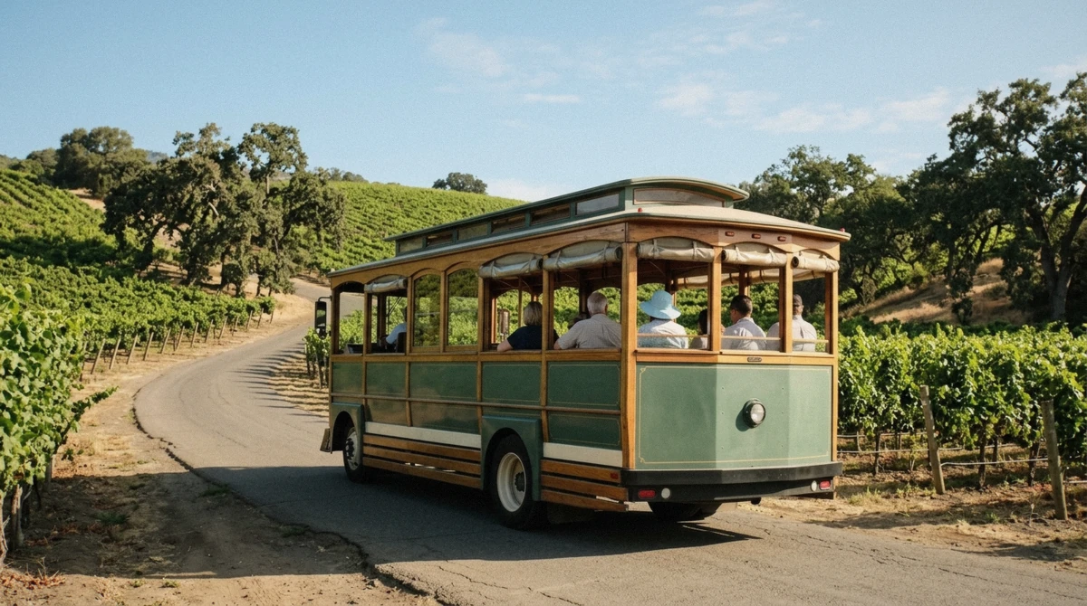 An open-air vintage trolley on a vineyard road in Napa Valley wine country, California